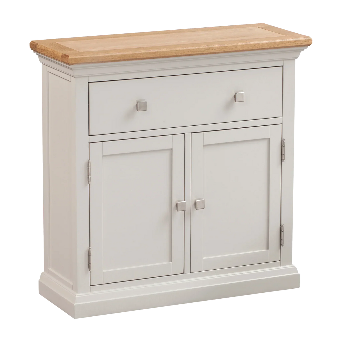 White sideboard with oak top, single drawer, and two door cabinet for storage