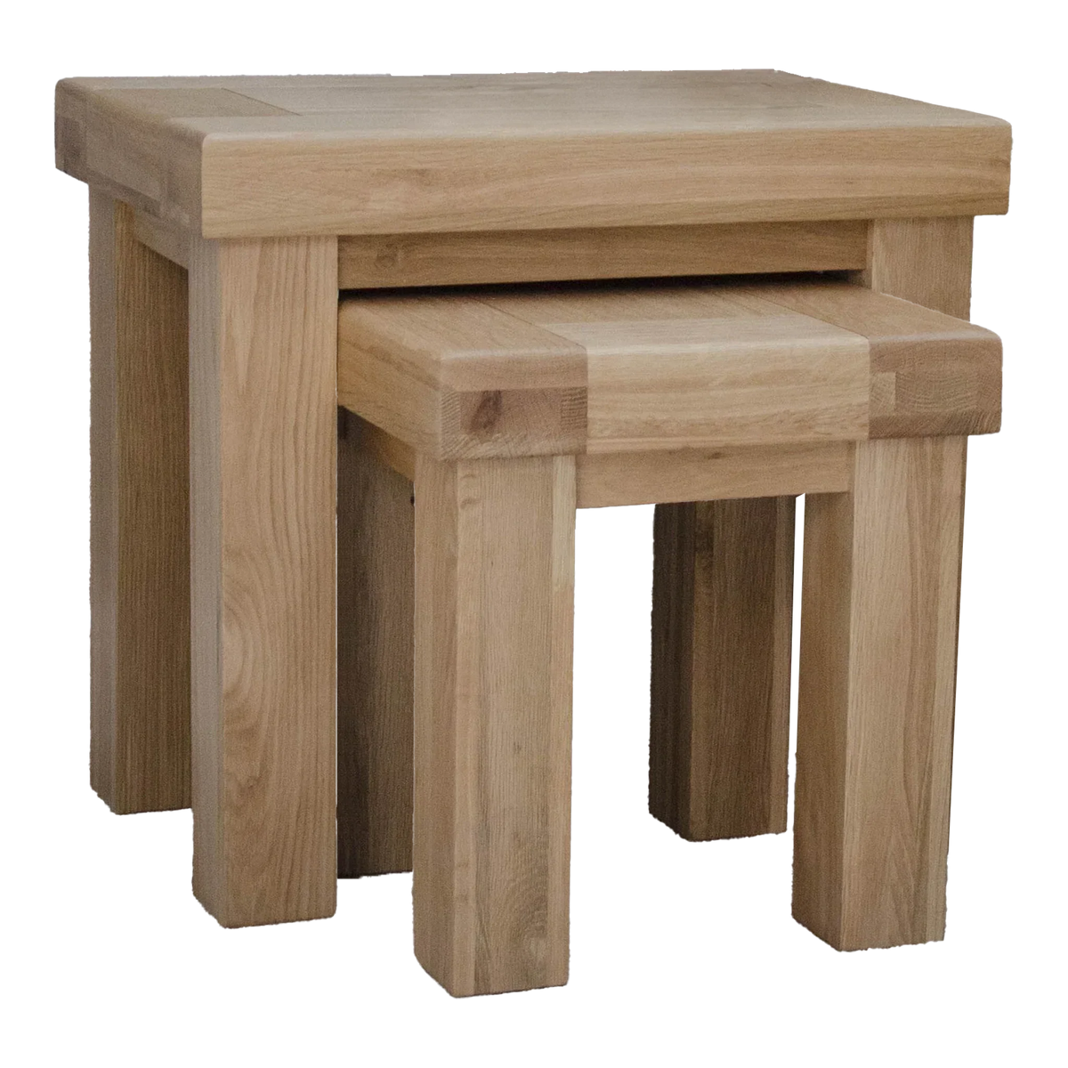 Oak nesting tables set with chunky legs and natural wood finish