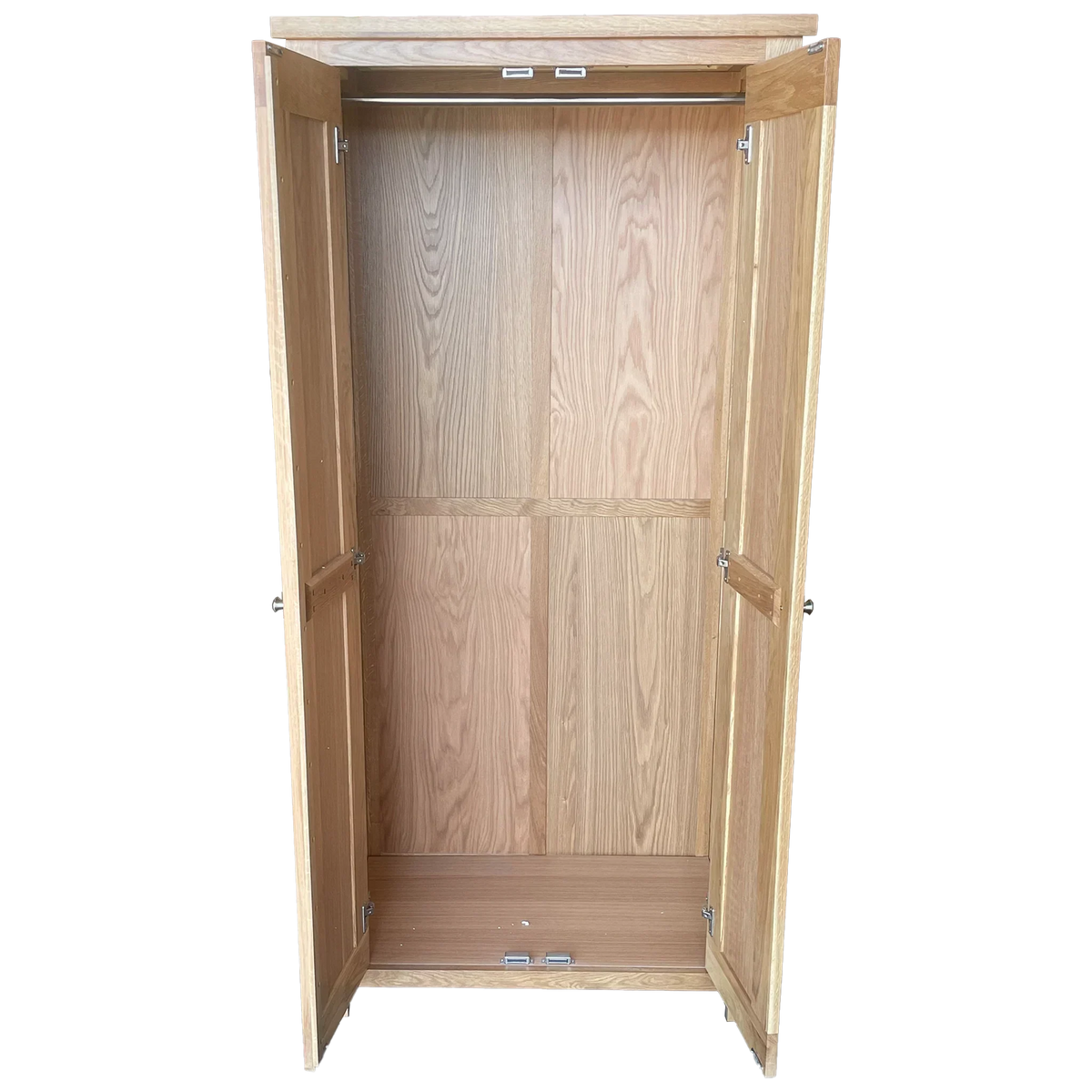 Oak wardrobe with open double doors and hanging rail, interior wood grain visible