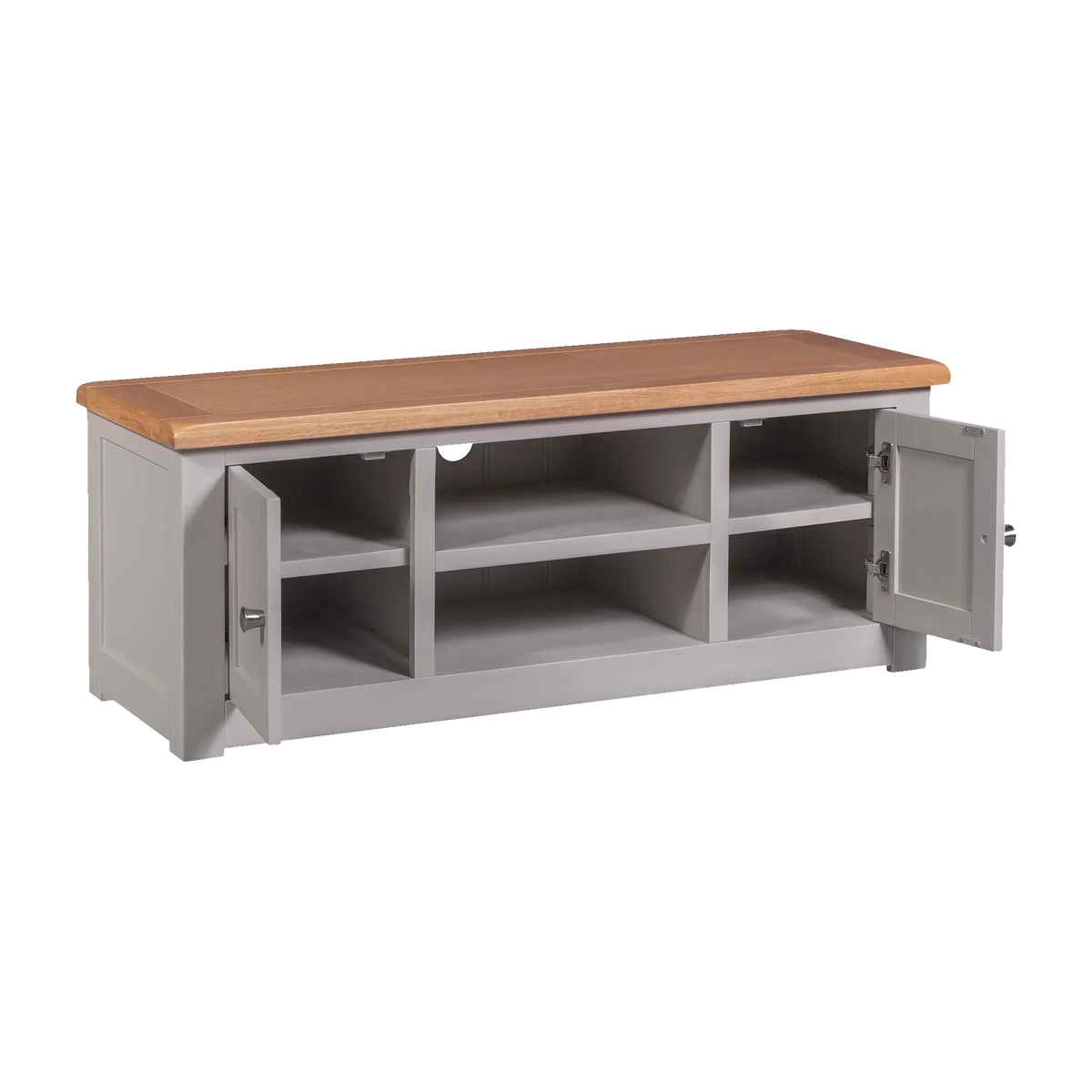 Grey storage bench with wooden top, two open cabinet doors, and multiple shelves