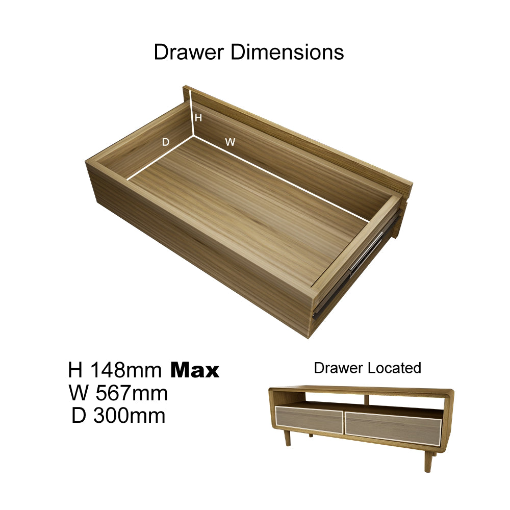 Wooden sideboard drawer dimensions with labeled height, width, depth and shown placement