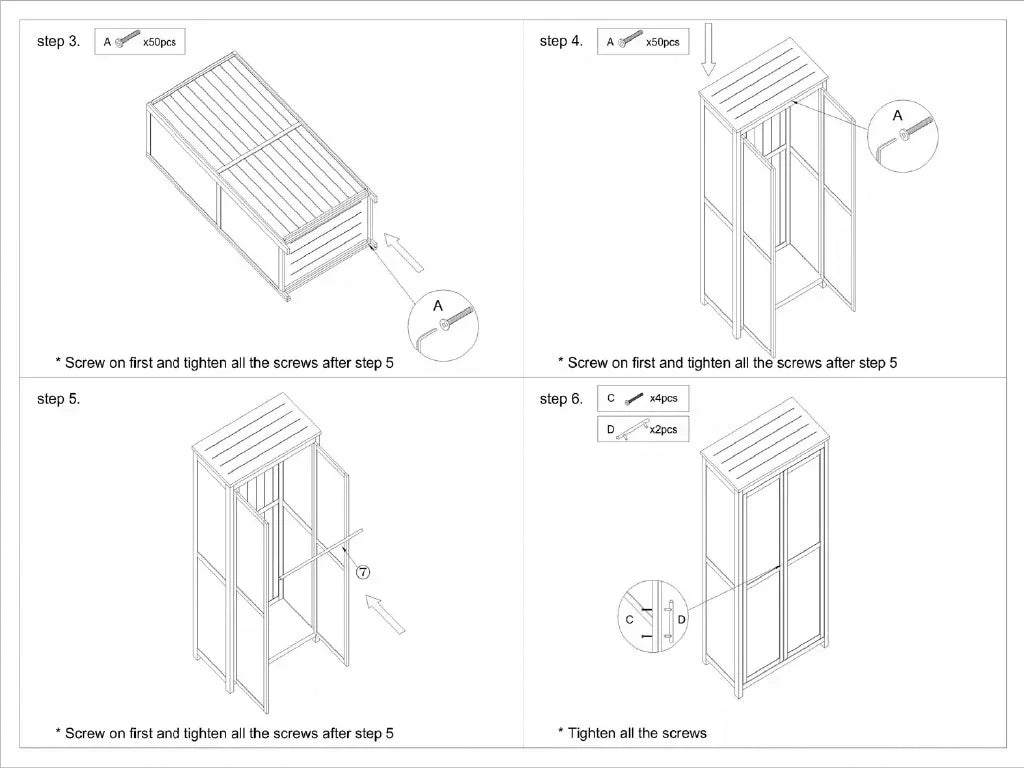 Wardrobe assembly instructions with panels, screws and step-by-step guide illustrations