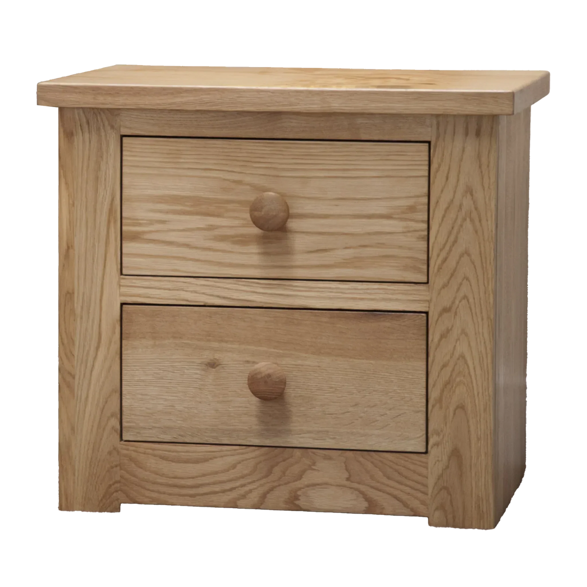 Oak bedside cabinet with two drawers and round wooden handles
