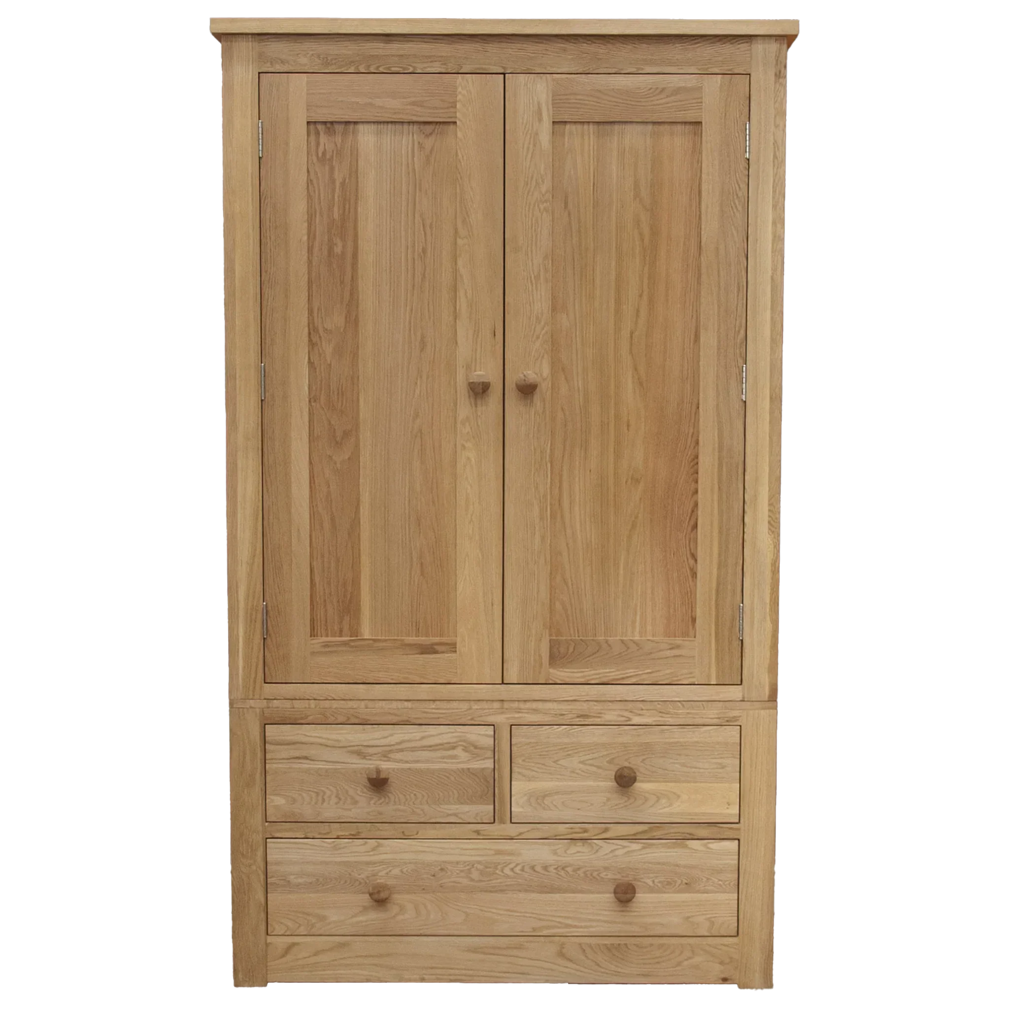 Oak wardrobe with double doors and three drawers, front view, natural wood finish