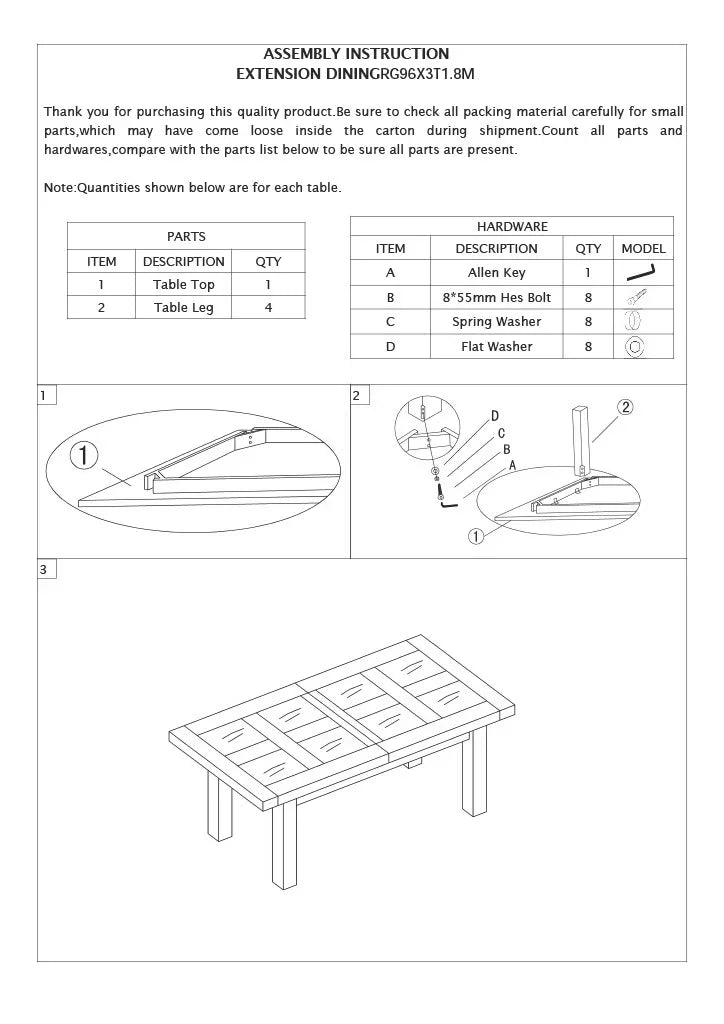 Extension dining table assembly instructions with hardware and table parts diagram