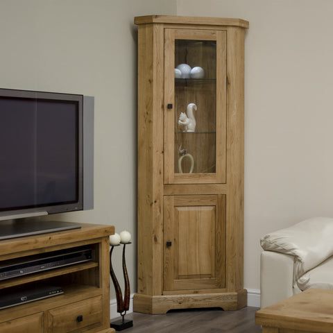 Oak corner display cabinet with glass door and wooden lower storage in living room