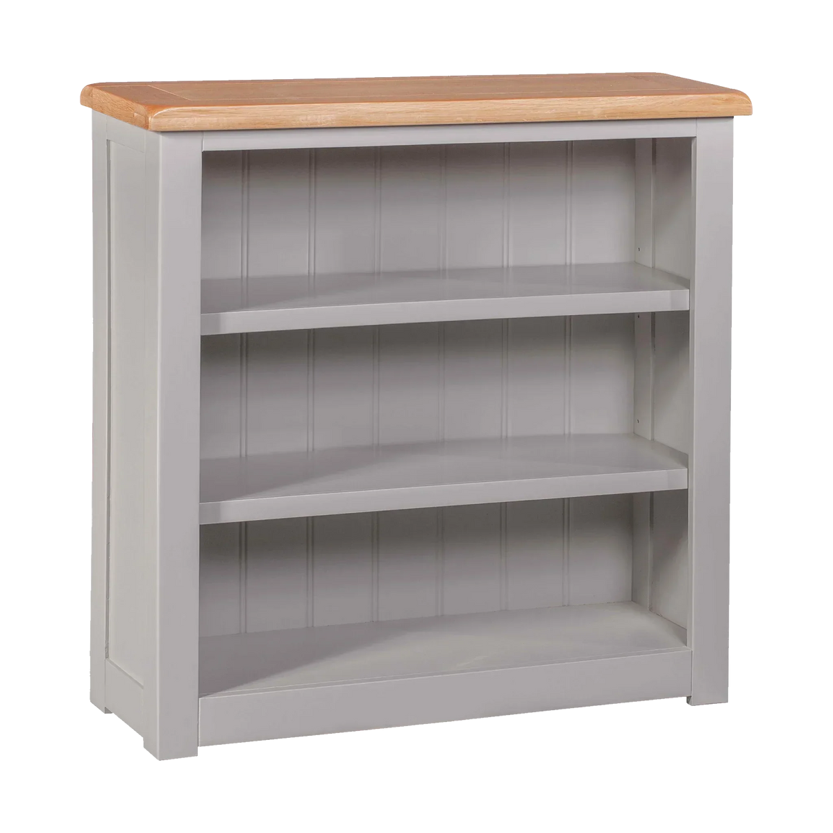 Grey wooden bookcase with two shelves and light oak top, angled front view
