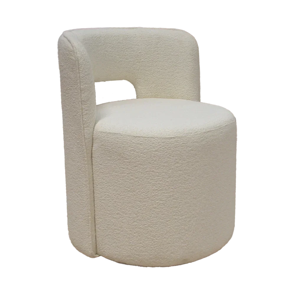 Cream boucle accent chair with rounded back and modern cylindrical shape