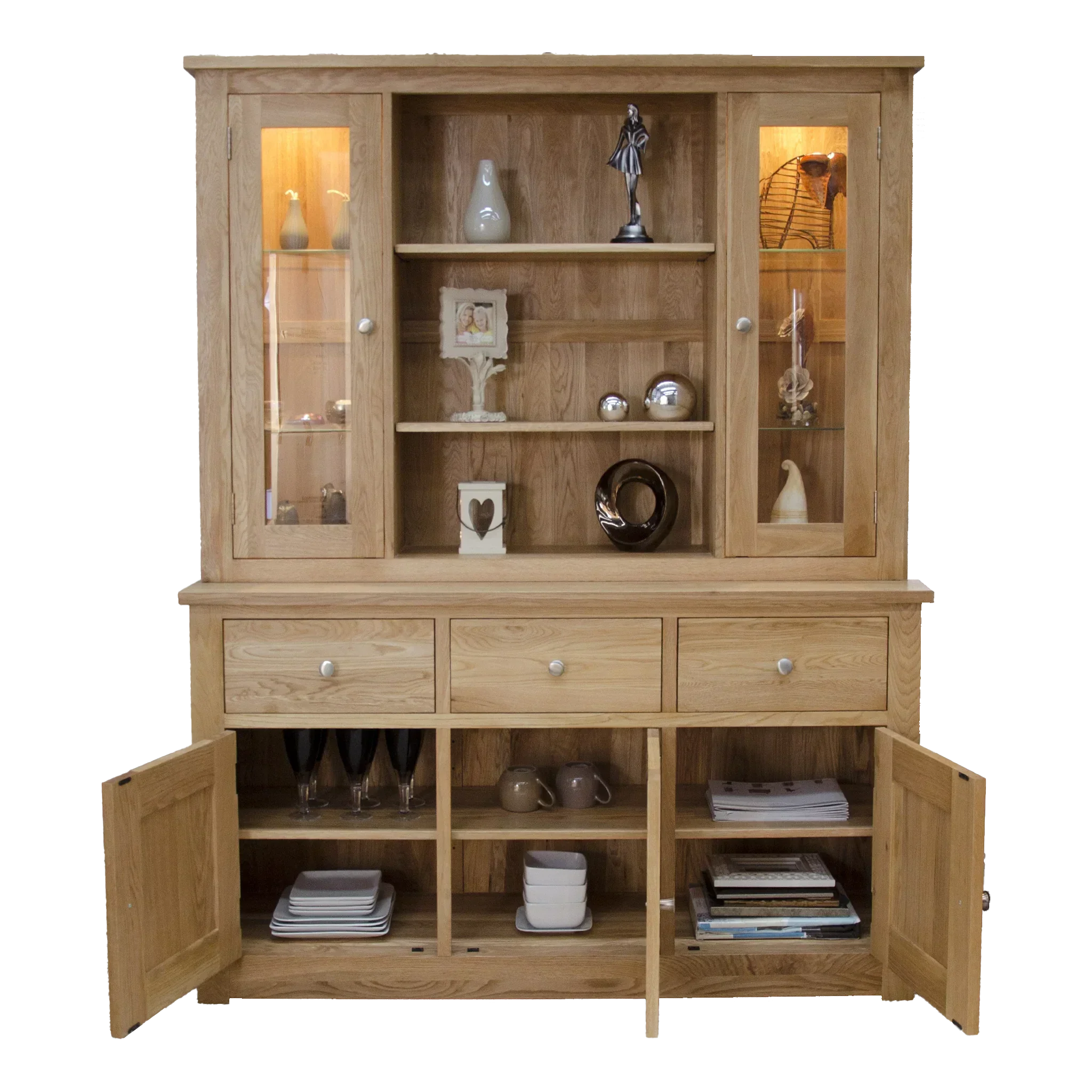 Oak dining room dresser with glass display cabinets and open storage shelves