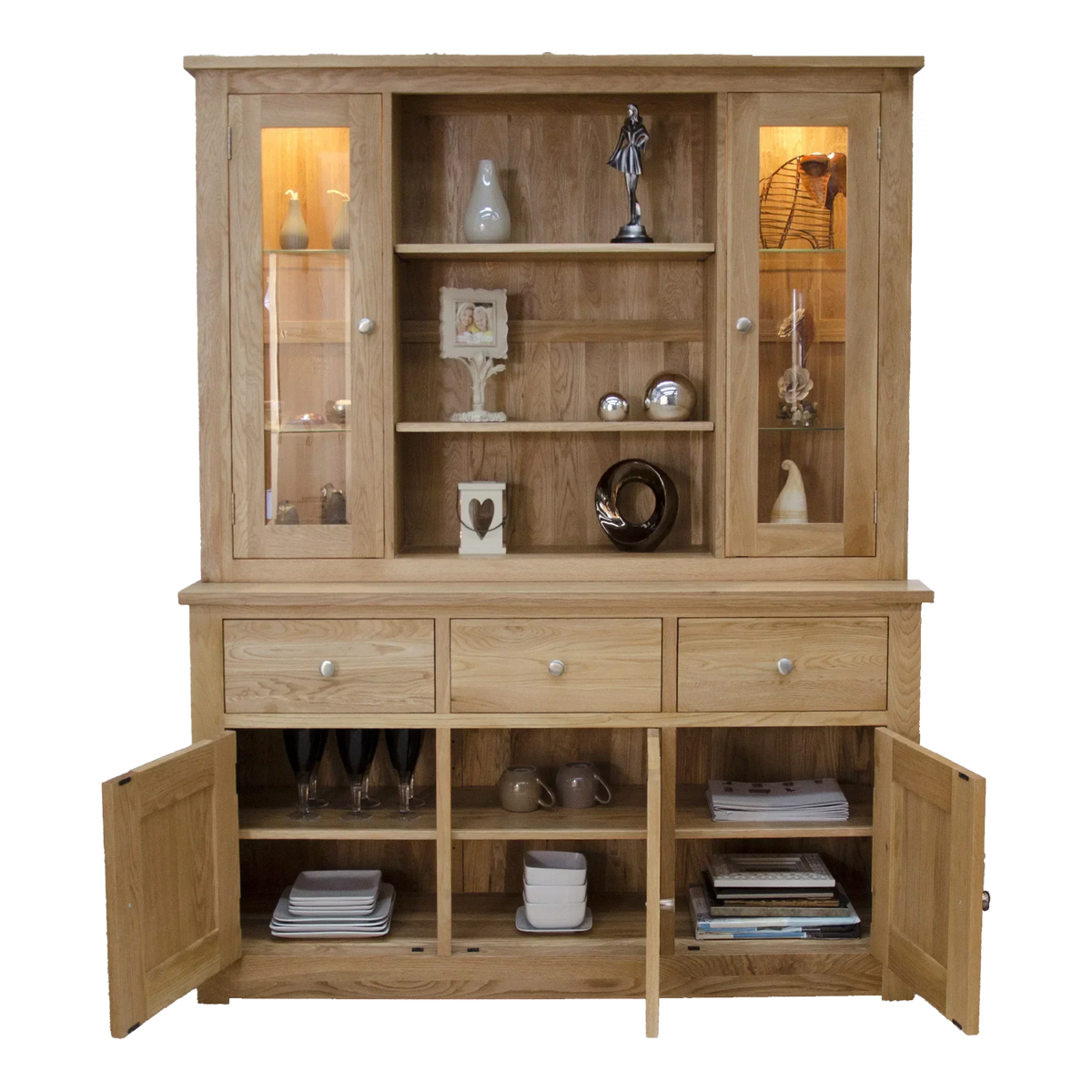 Oak dining room dresser with glass display cabinets and open storage shelves