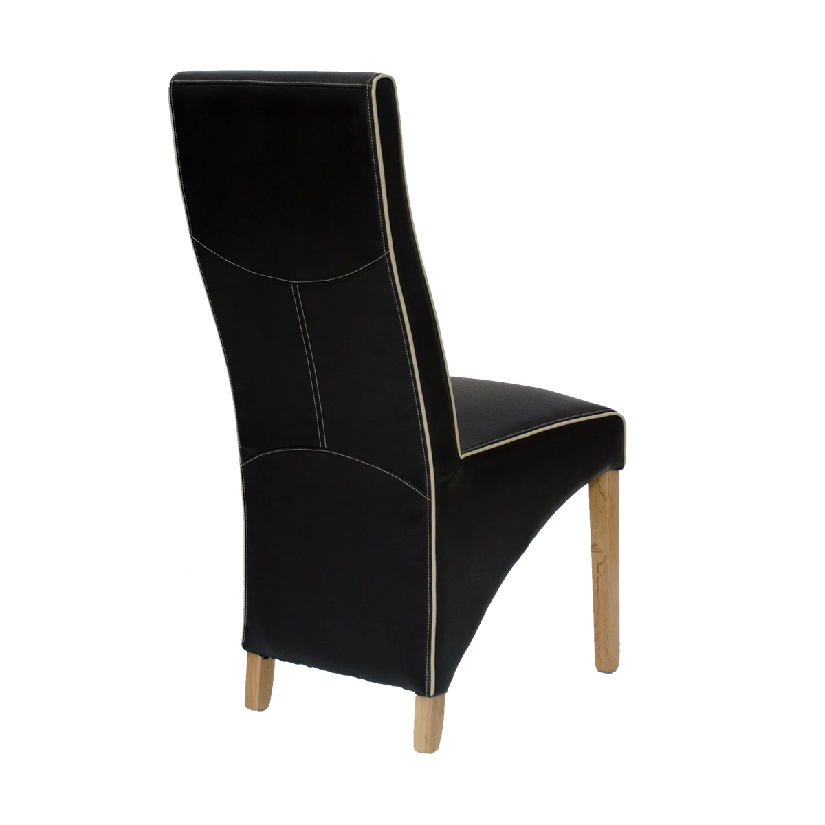 Black leather dining chair with light wood legs and contrasting stitching, rear side view