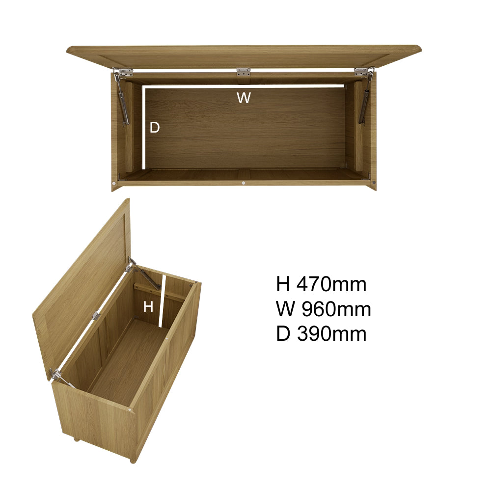 Oak wood storage chest with hinged lid, internal dimensions and measurements visible