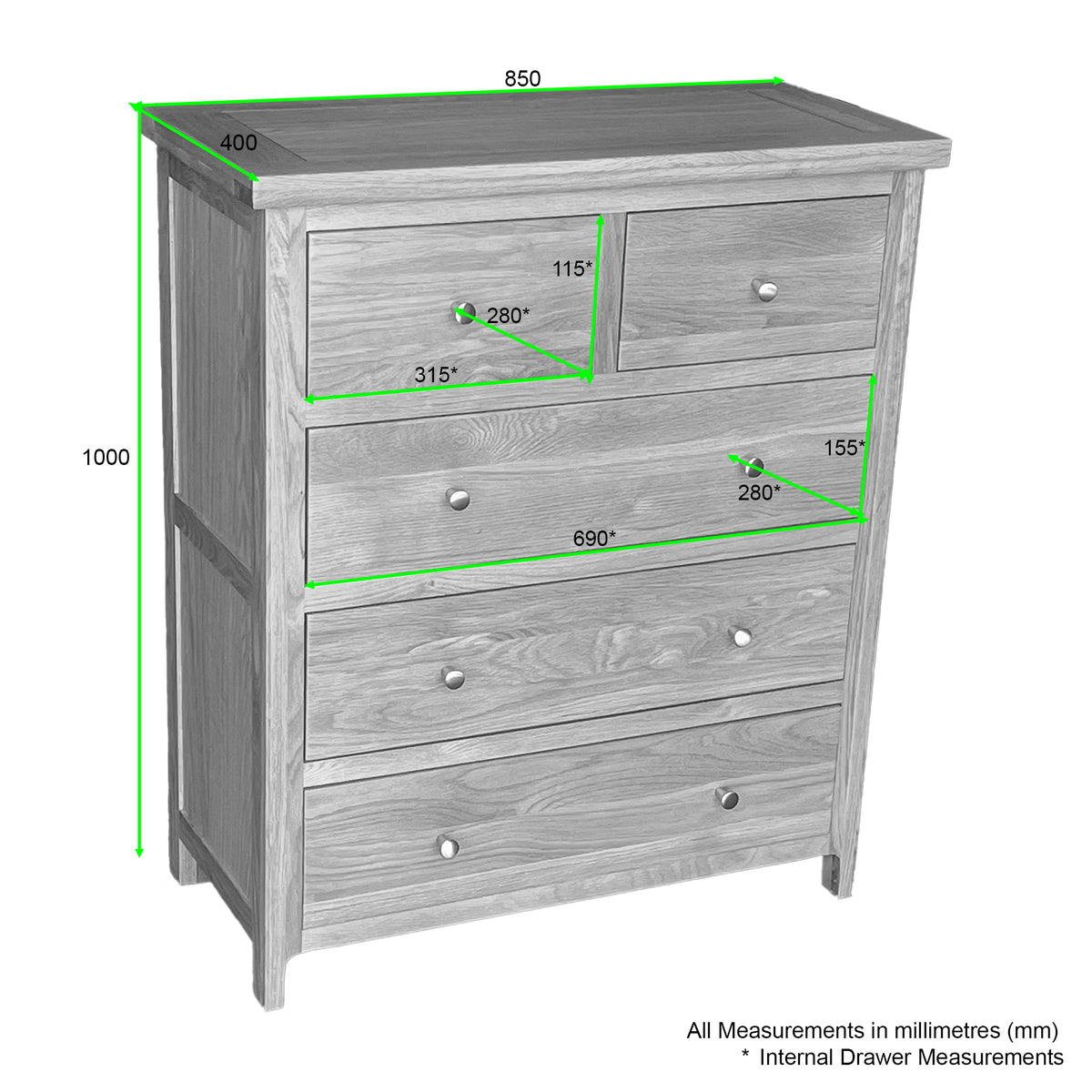 Oak chest of drawers with five drawers, silver knobs, and measurement labels in millimetres