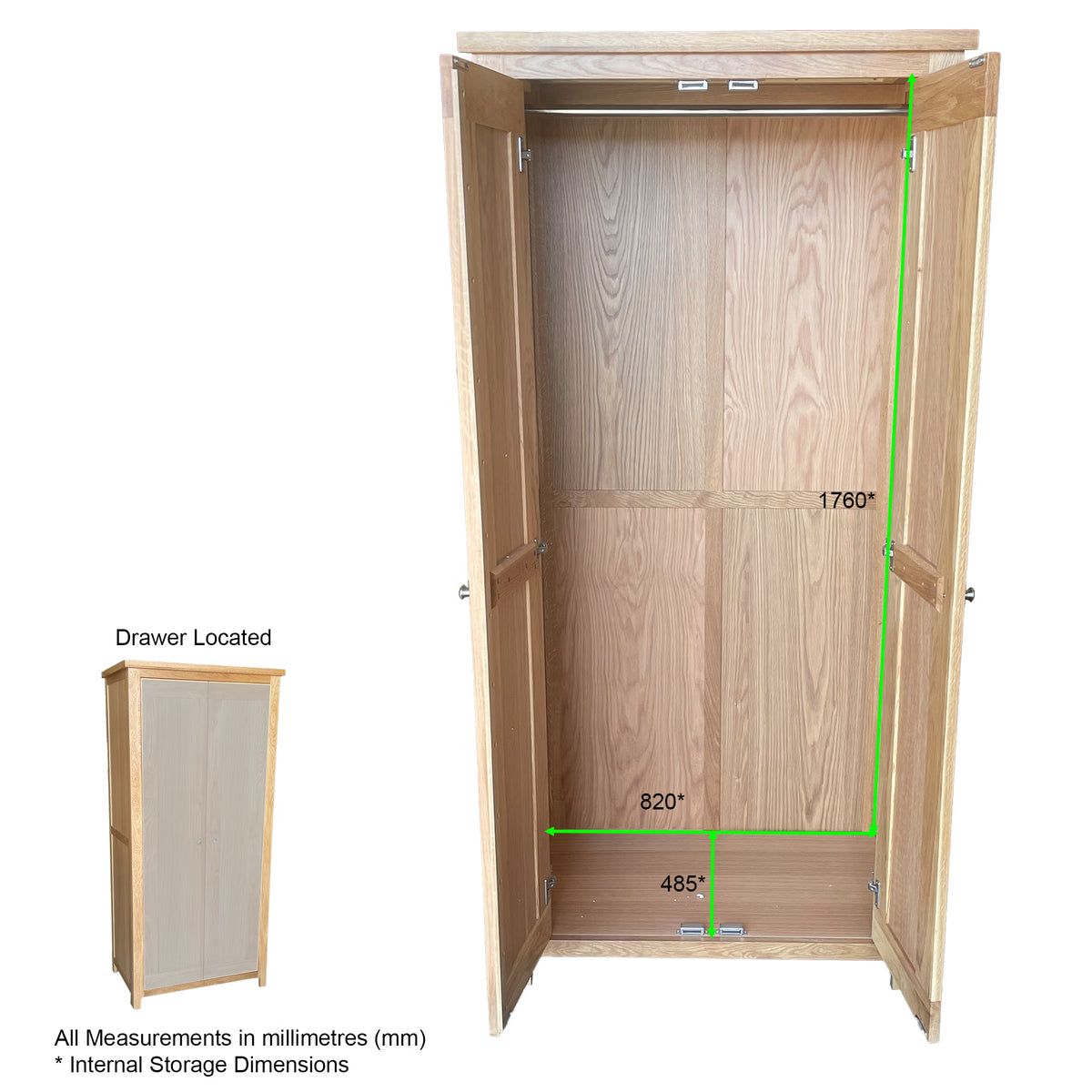 Oak wardrobe with double doors open, showing internal storage dimensions in millimetres