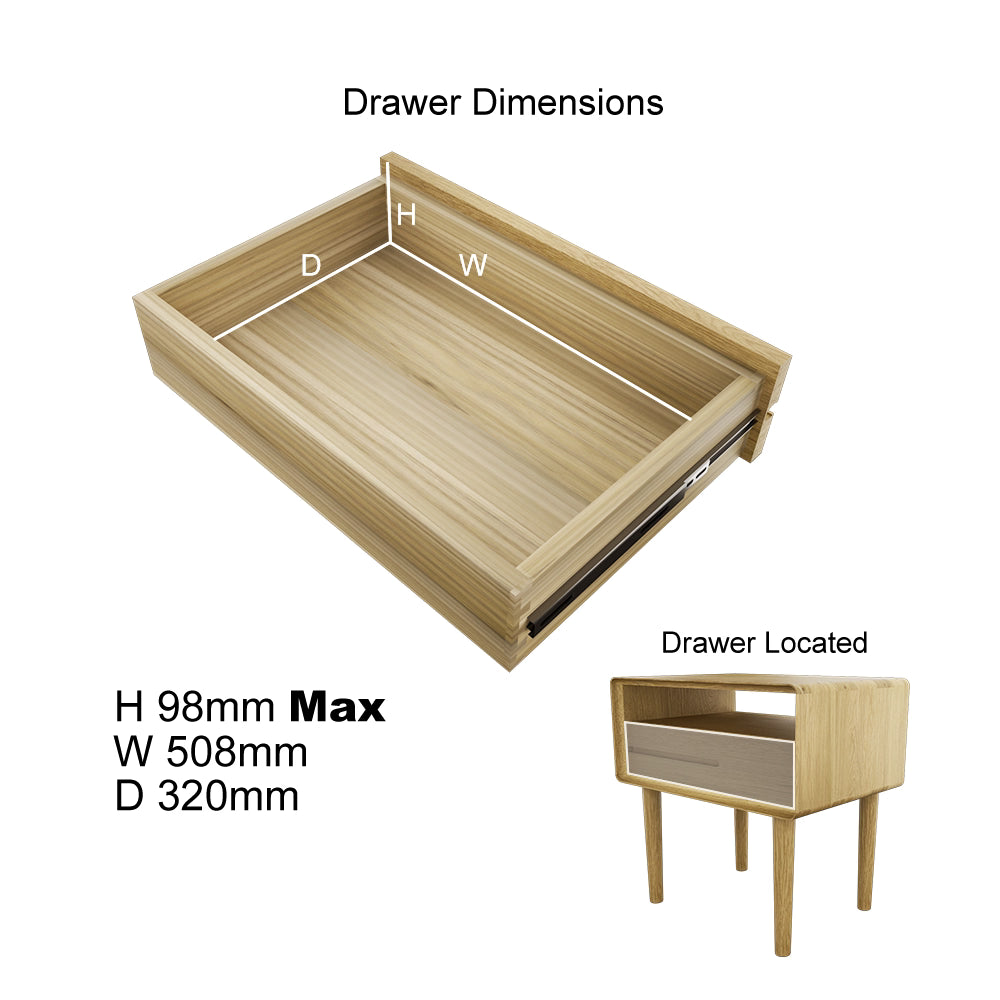 Oak bedside table with single pull-out drawer, showing internal drawer dimensions and placement