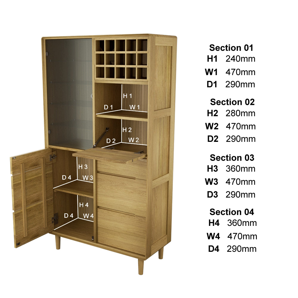Oak drinks cabinet with wine rack, glass door, pull-out shelf, and open storage sections