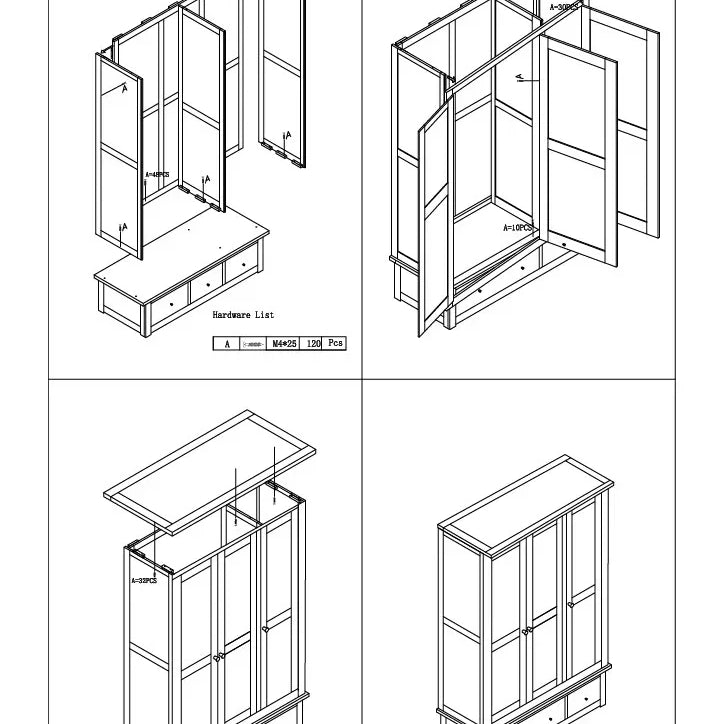 Wardrobe assembly instructions with panel doors, upper section, and bottom drawers illustrated