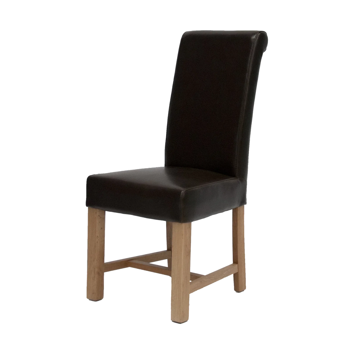 Brown leather dining chair with padded seat and oak legs, side view