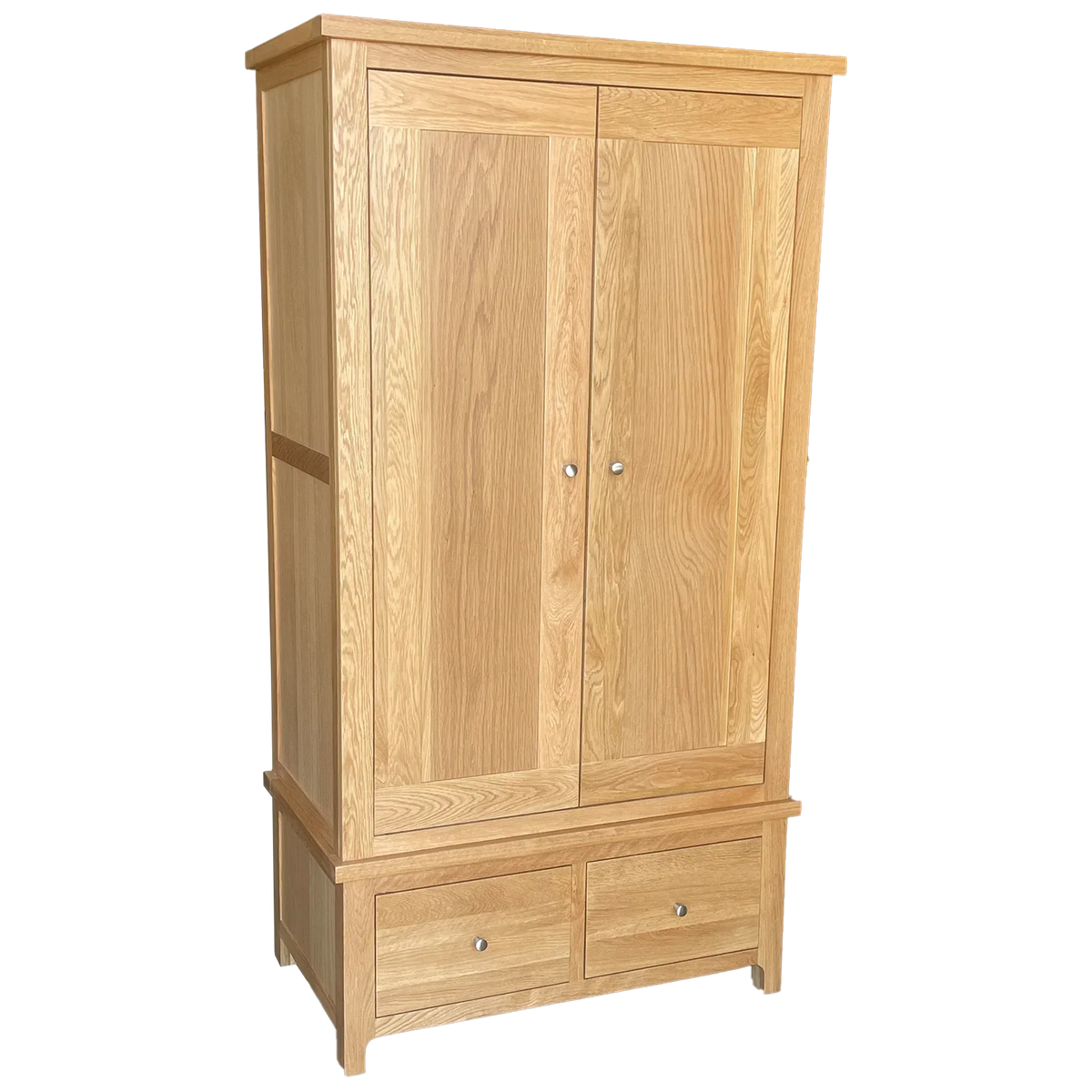 Oak wardrobe with double doors and two drawers, natural wood grain finish