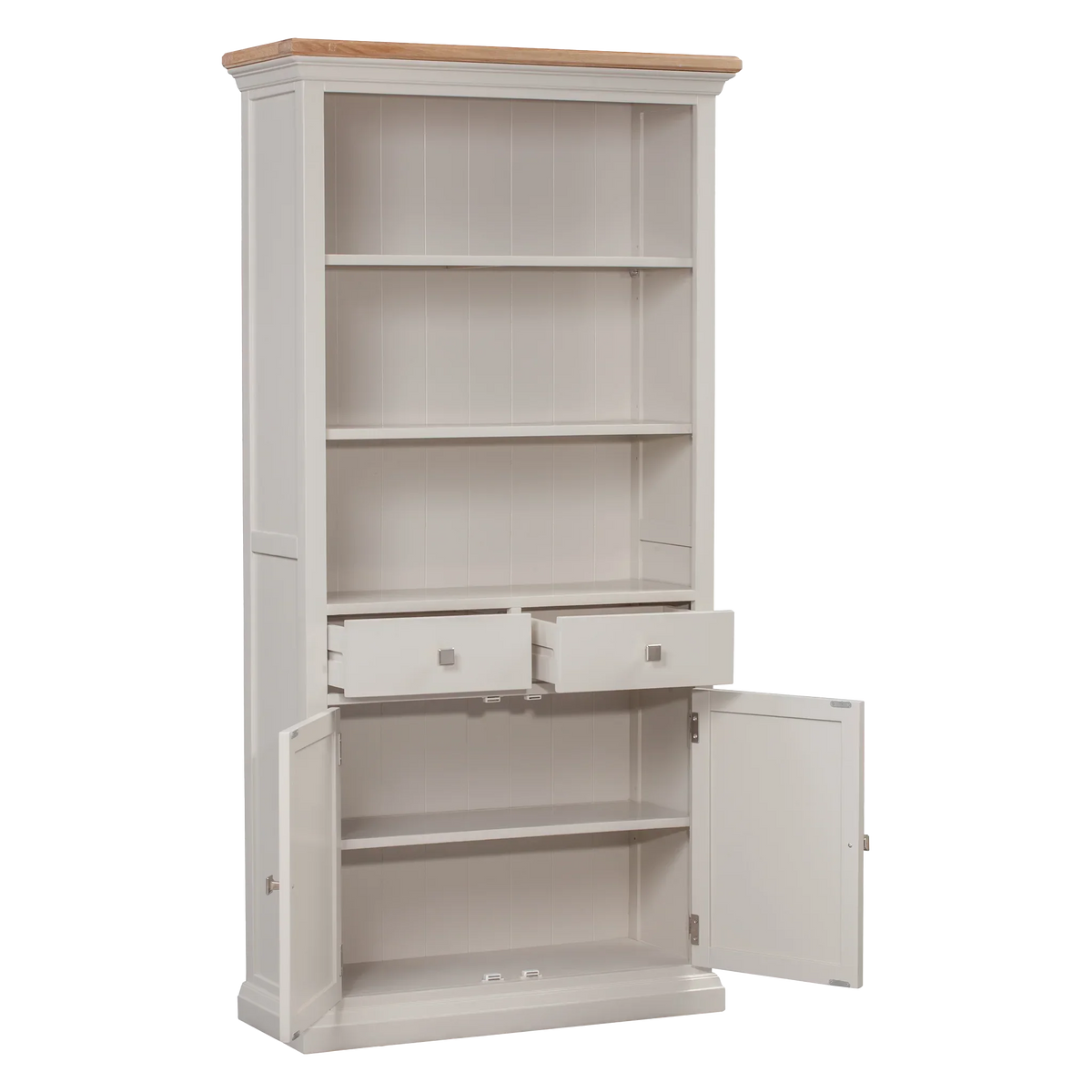Tall white bookcase with open shelves, two drawers, and double door cabinet at base