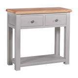 Grey wooden console table with two drawers and natural oak top