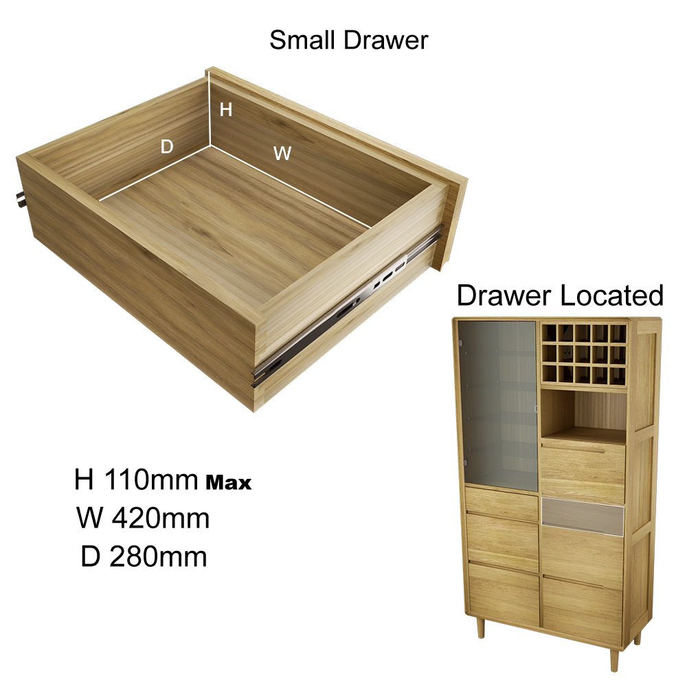 Oak cabinet small drawer with metal runners and dimensions, shown in detail and cabinet view