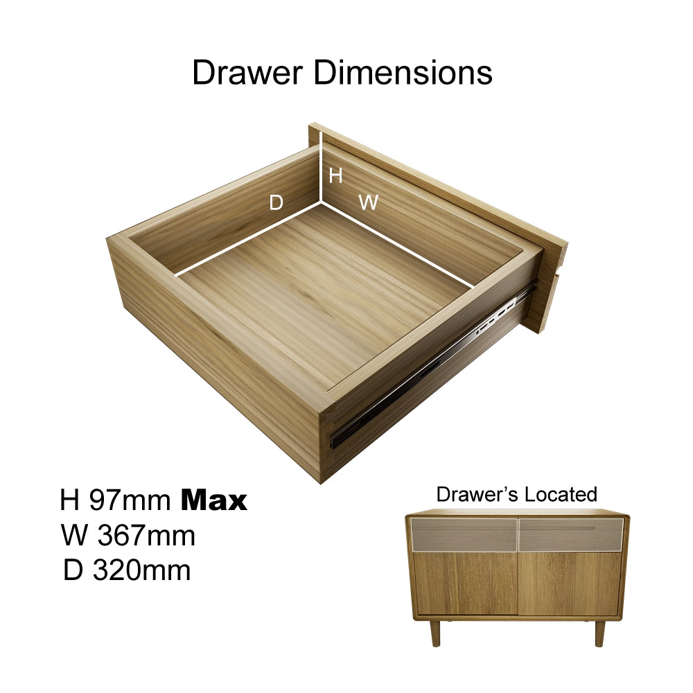 Wooden furniture drawer with dimensions labeled, shown with matching sideboard