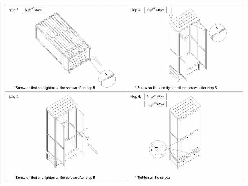 Wardrobe assembly instructions showing wooden panels, screws, and frame construction steps
