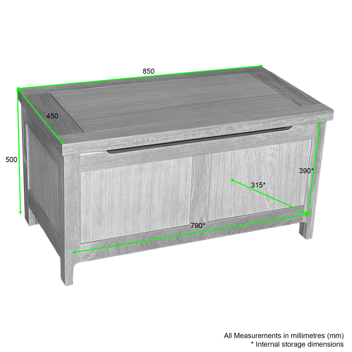 Wooden storage chest with detailed measurements in millimetres, front angle view