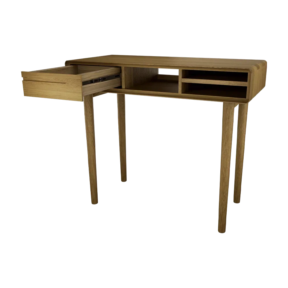 Oak wooden desk with open storage compartments and side drawer, viewed from angle