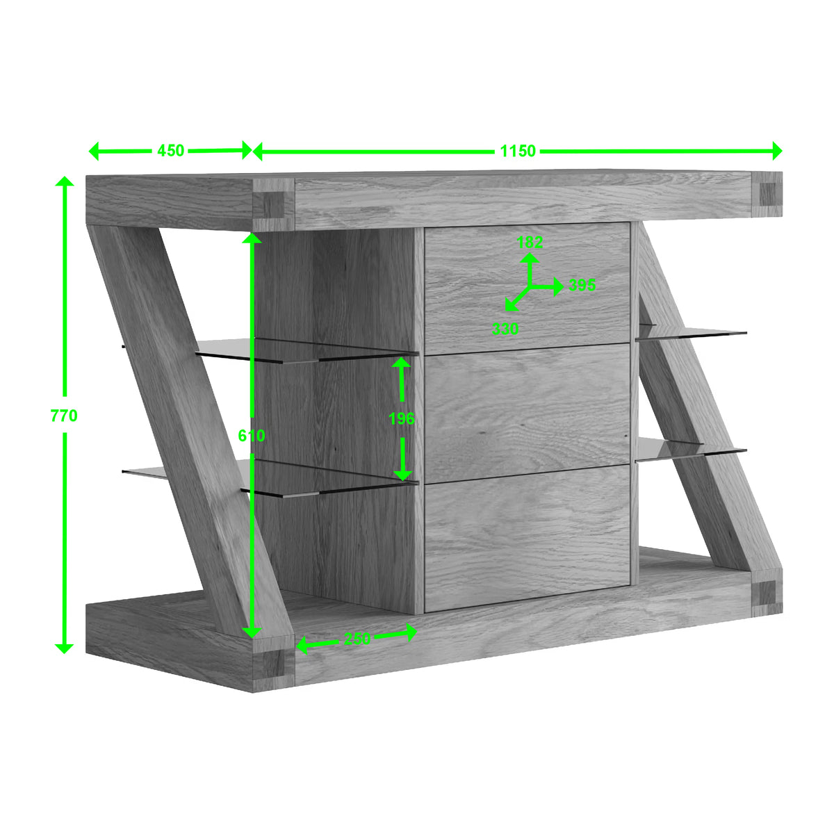 Modern wooden sideboard with glass shelves and green measurements on all sides