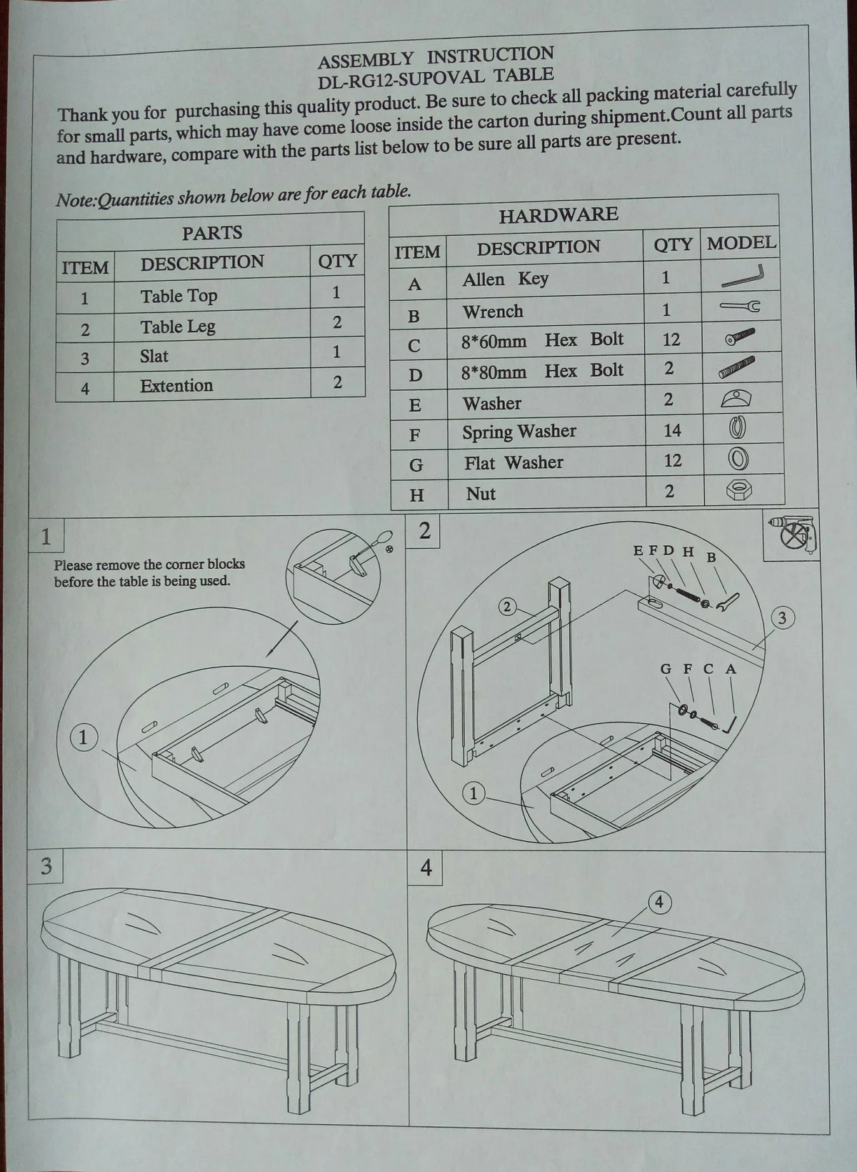 Instruction sheet with hardware list and step-by-step table assembly diagrams for dining table
