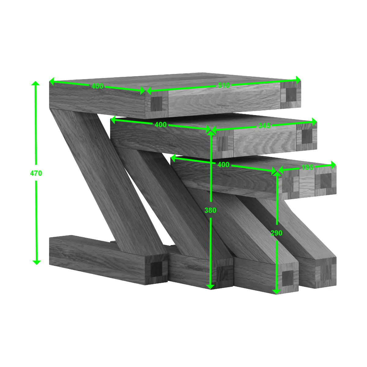 Stacked wooden nesting tables with measurements, modern geometric leg design