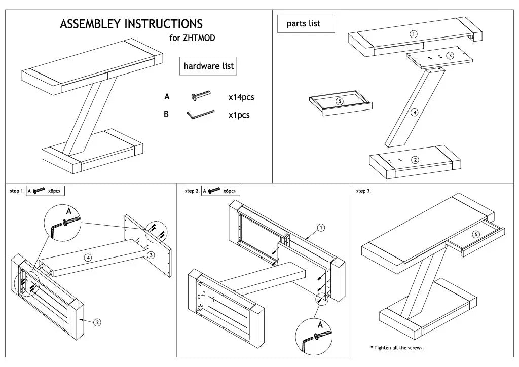 Modern Z-shaped console table assembly instructions with diagrams and hardware list