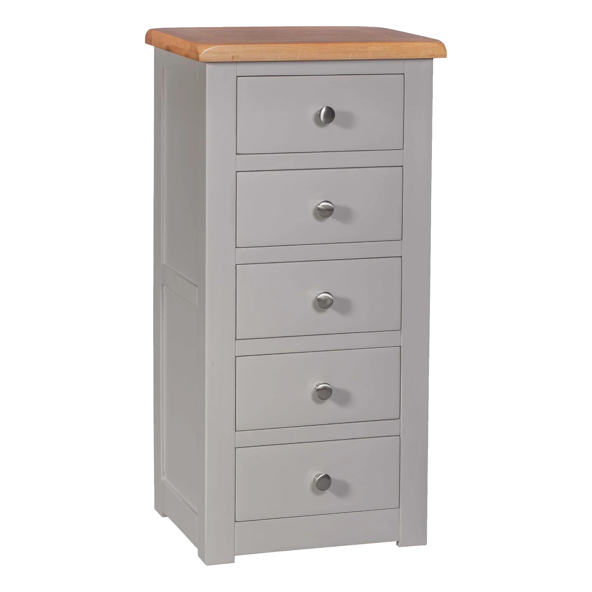 Grey tallboy chest of drawers with five drawers and natural wood top