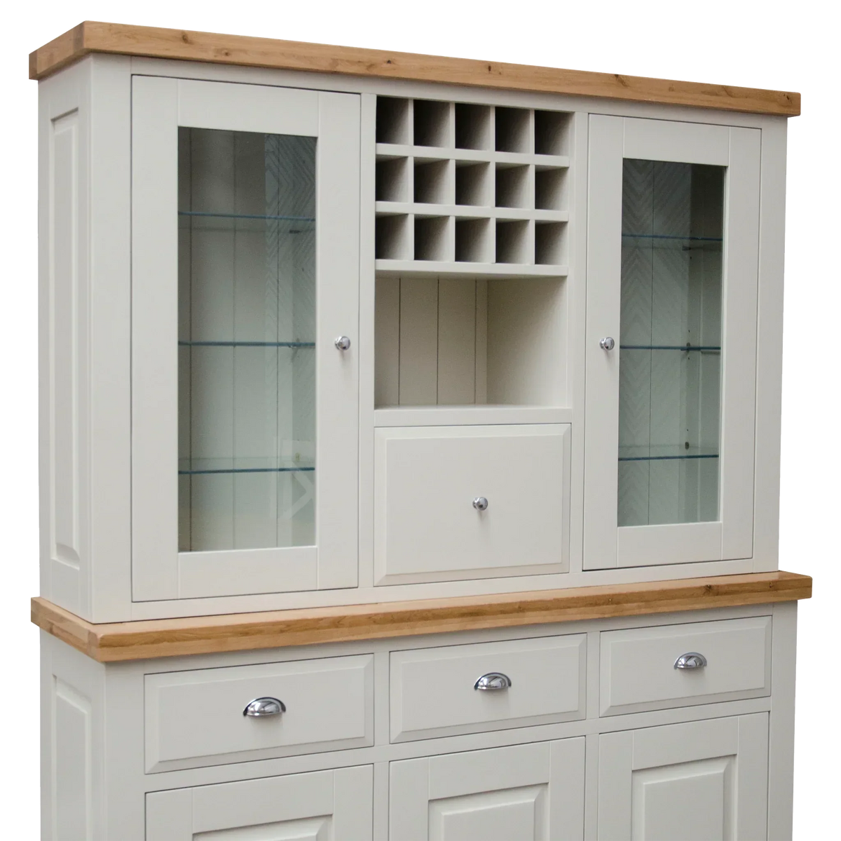 Cream painted kitchen dresser with glass doors, oak top and wine rack