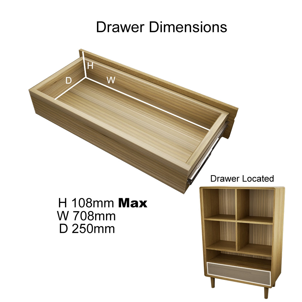 Wooden cabinet with drawer, showing internal drawer dimensions H 108mm, W 708mm, D 250mm