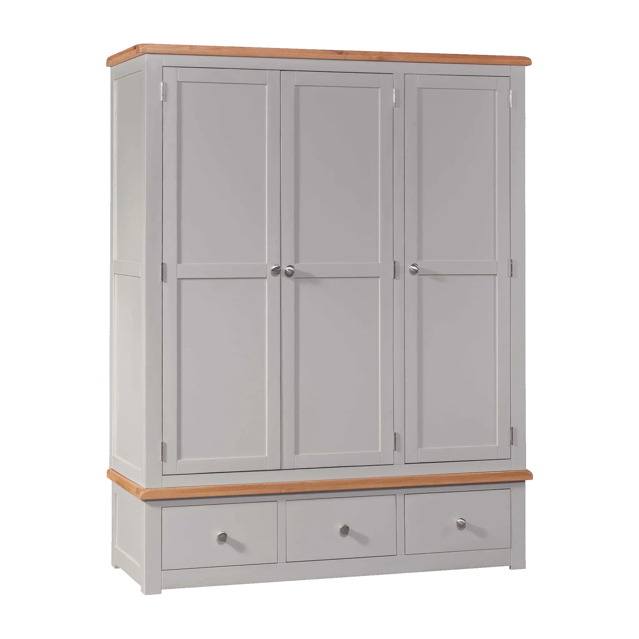 Grey wooden wardrobe with three doors and three drawers, oak top and chrome handles