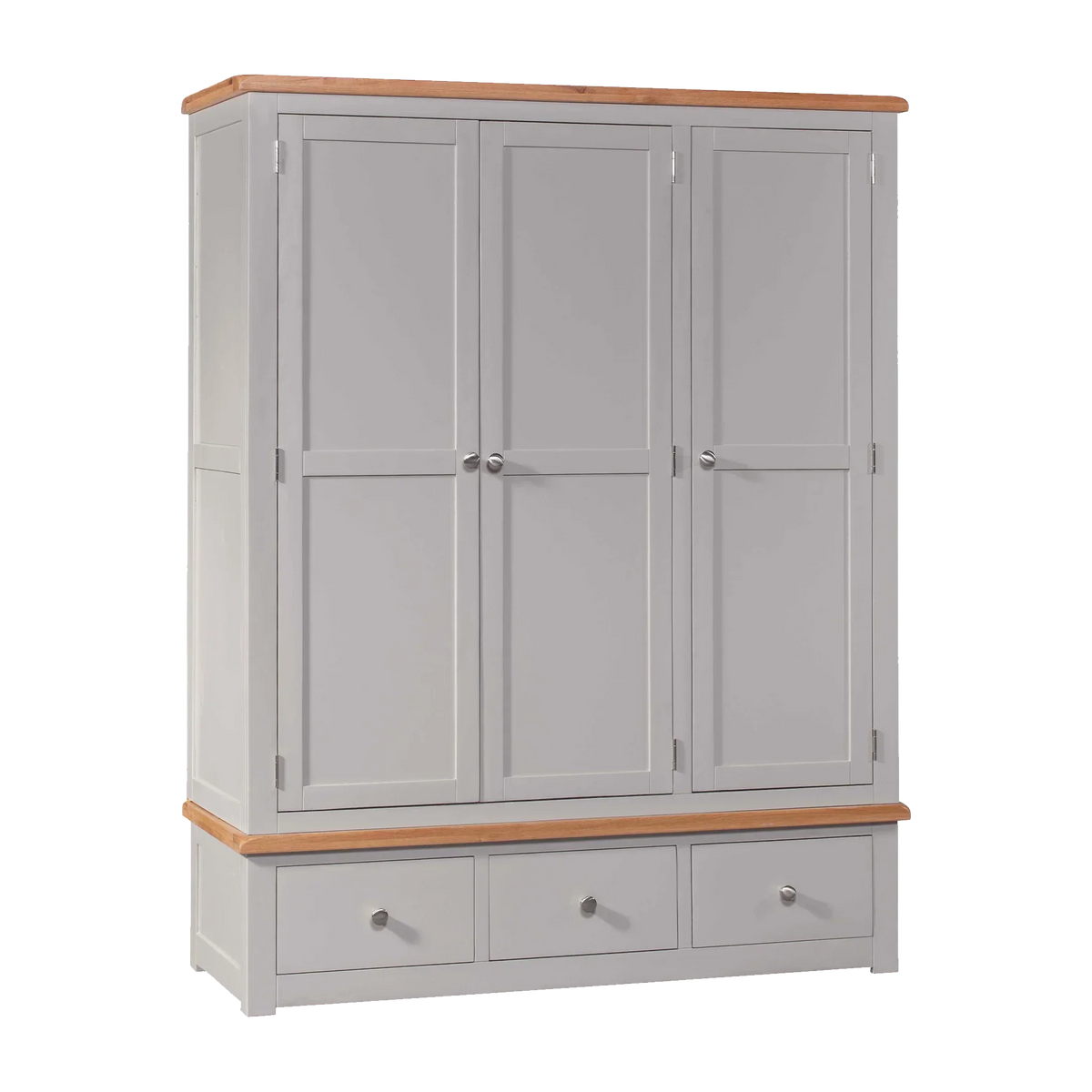 Grey wooden wardrobe with three doors and three drawers, oak top and chrome handles