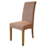 Fabric dining chair with oak legs and cushioned seat, angled side view