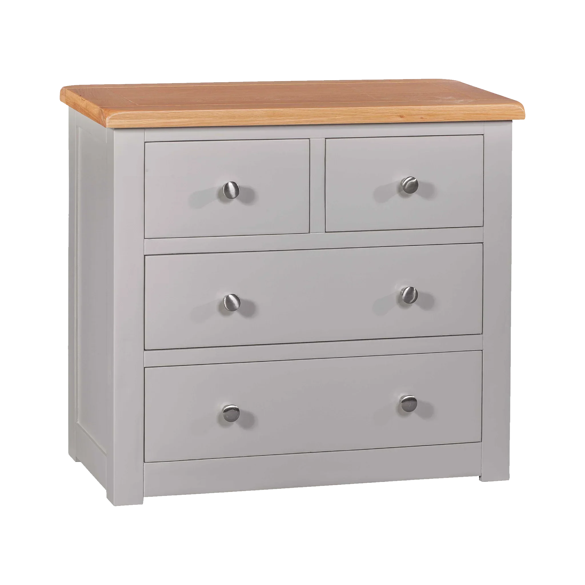Grey chest of drawers with four drawers and oak wood top, modern bedroom furniture