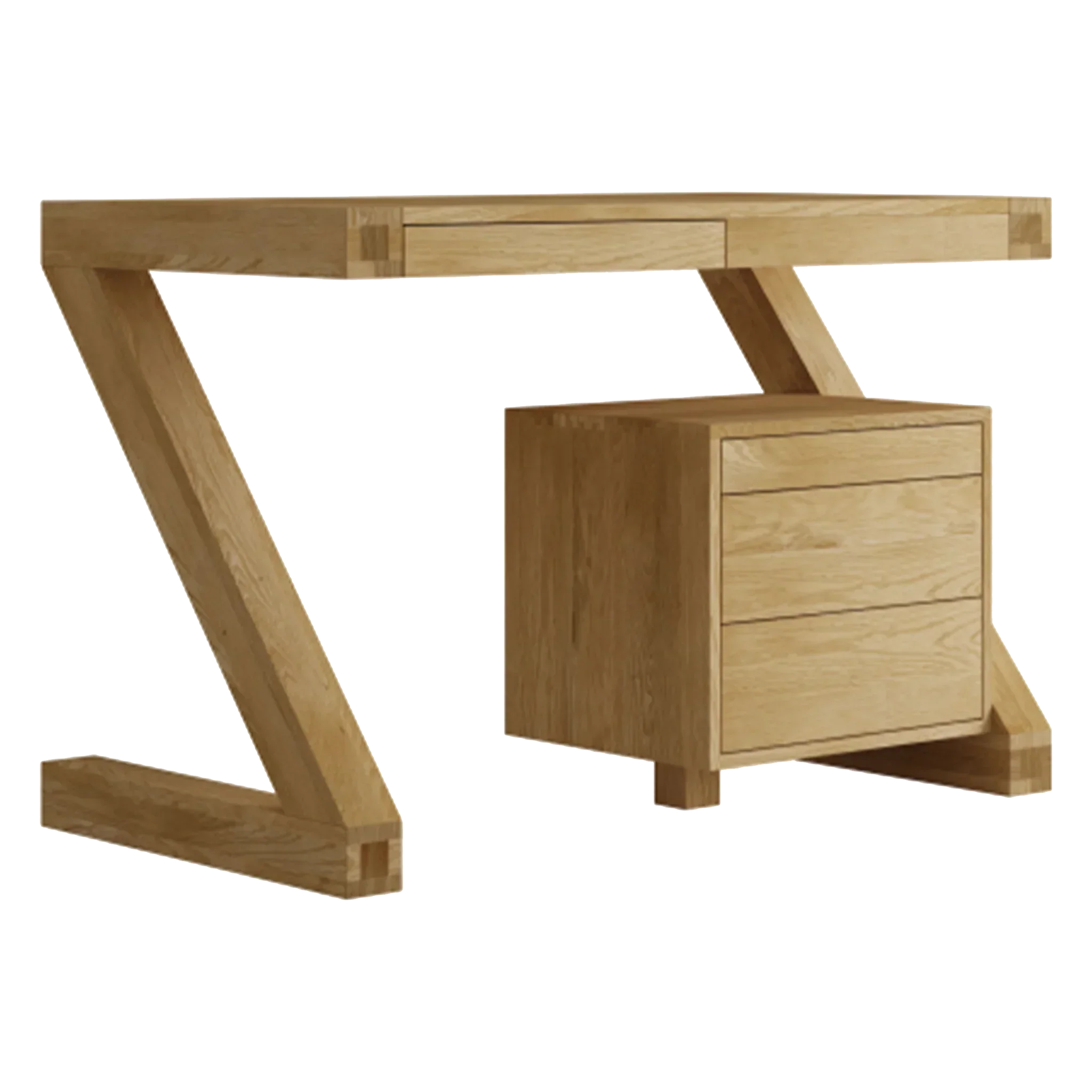 Oak wood desk with three drawer pedestal and angled legs, modern home office furniture