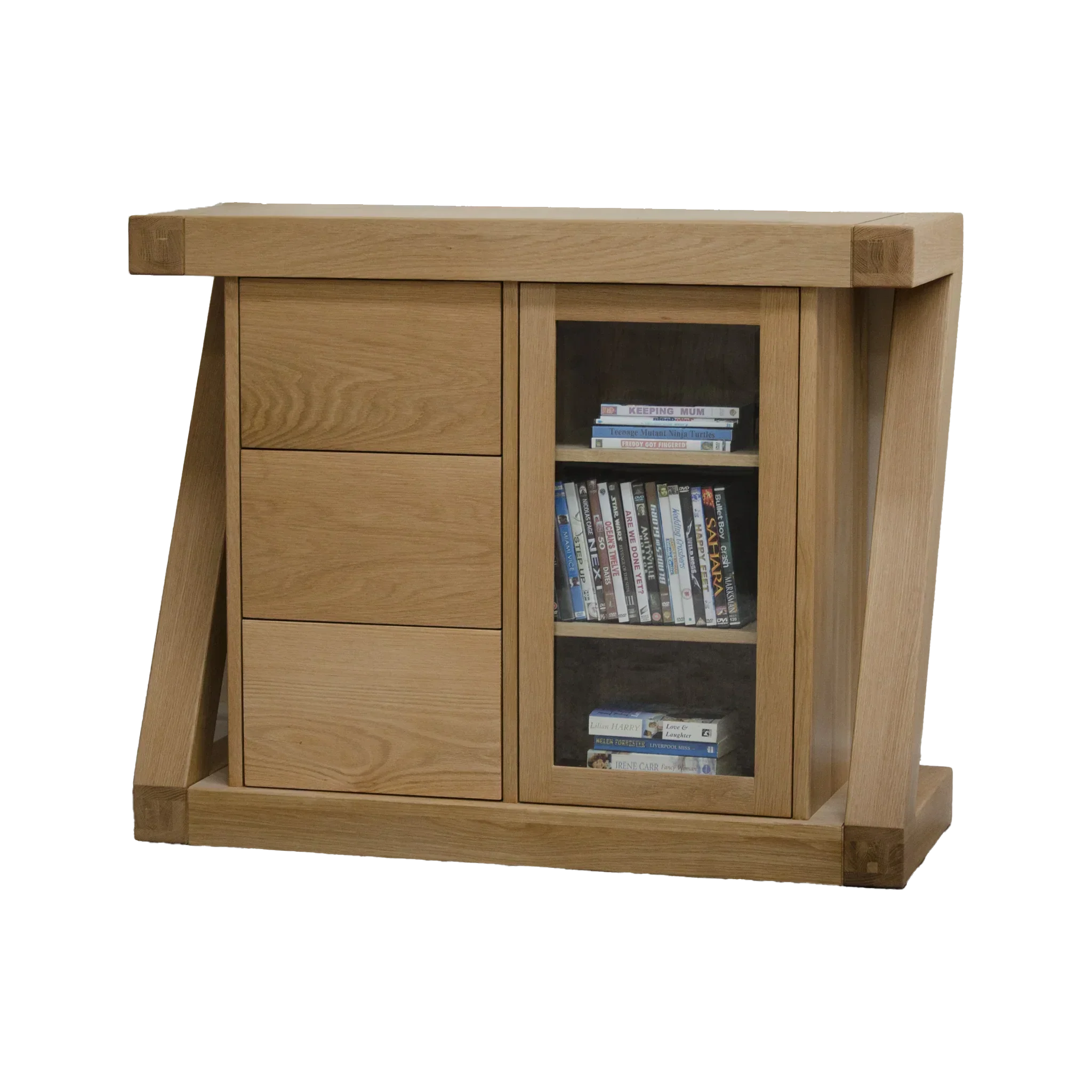 Oak sideboard with three drawers and a glass door display cabinet holding DVDs