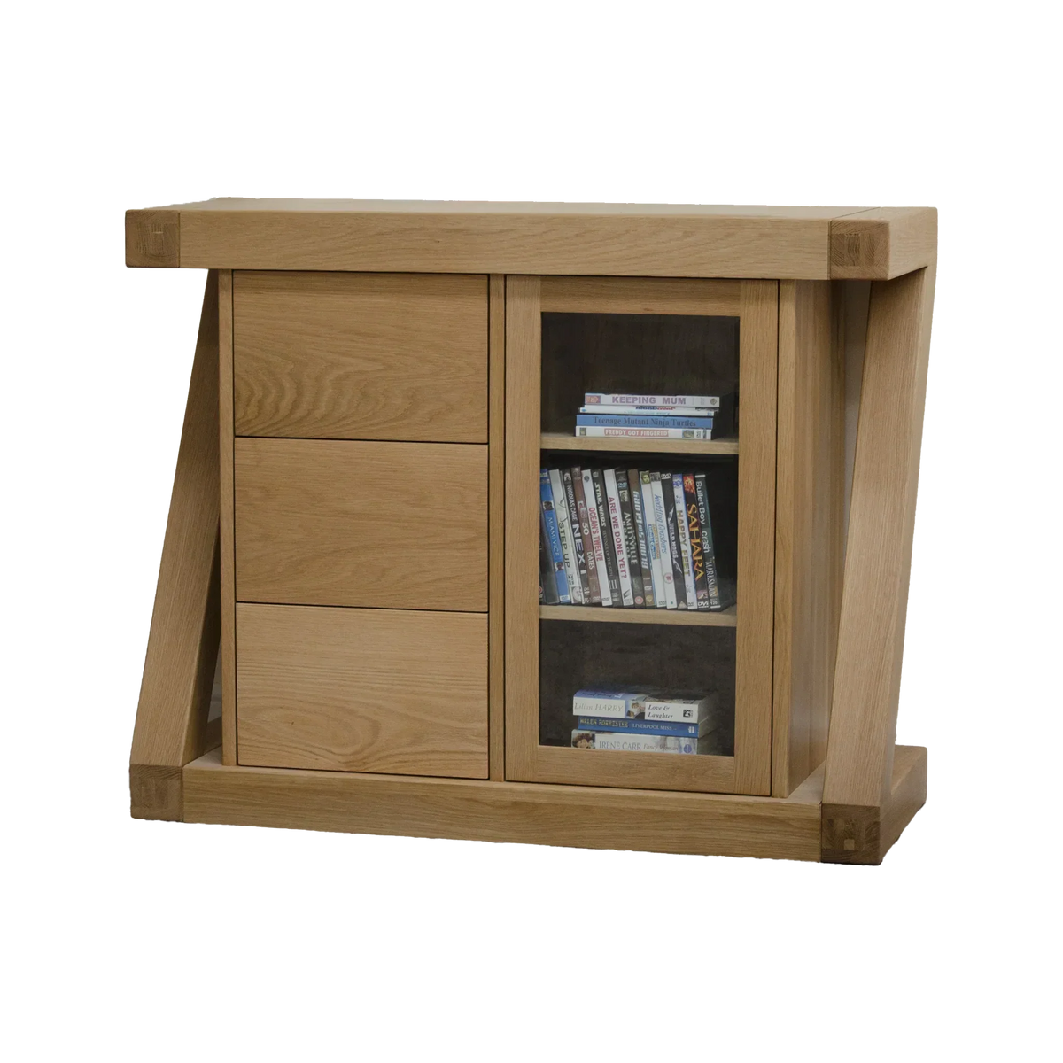 Oak sideboard with three drawers and a glass door display cabinet holding DVDs