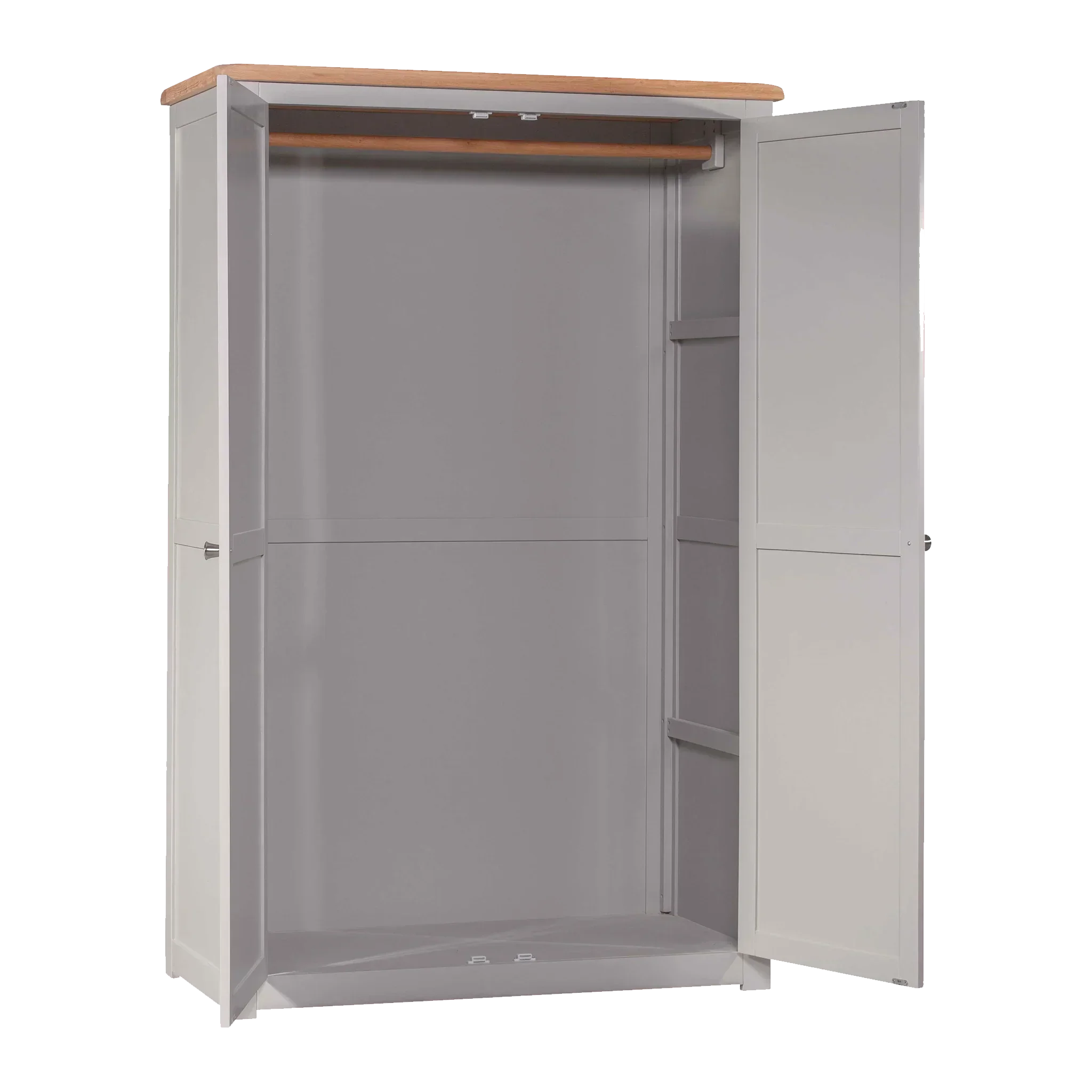 Grey wardrobe with double doors open, wood top and hanging rail, empty interior