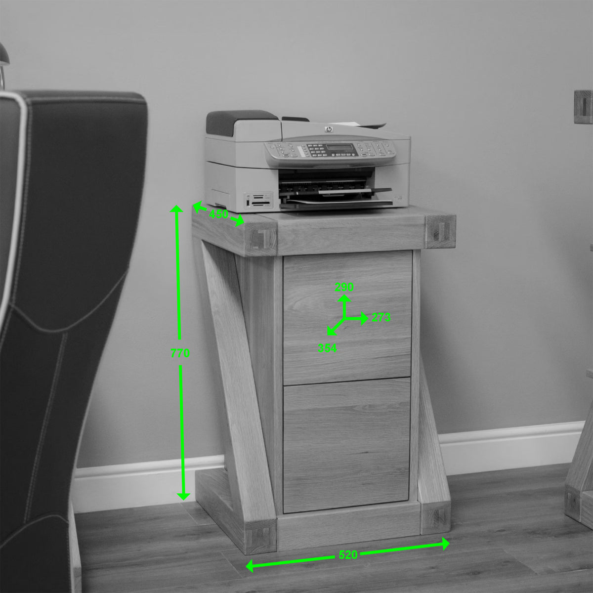 Oak printer cabinet with drawer and shelf, office storage unit, dimensions shown