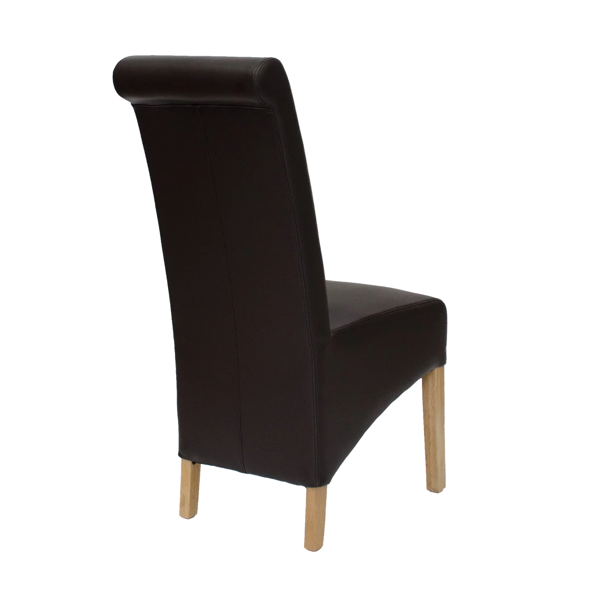 Brown leather dining chair with oak legs rear angle view