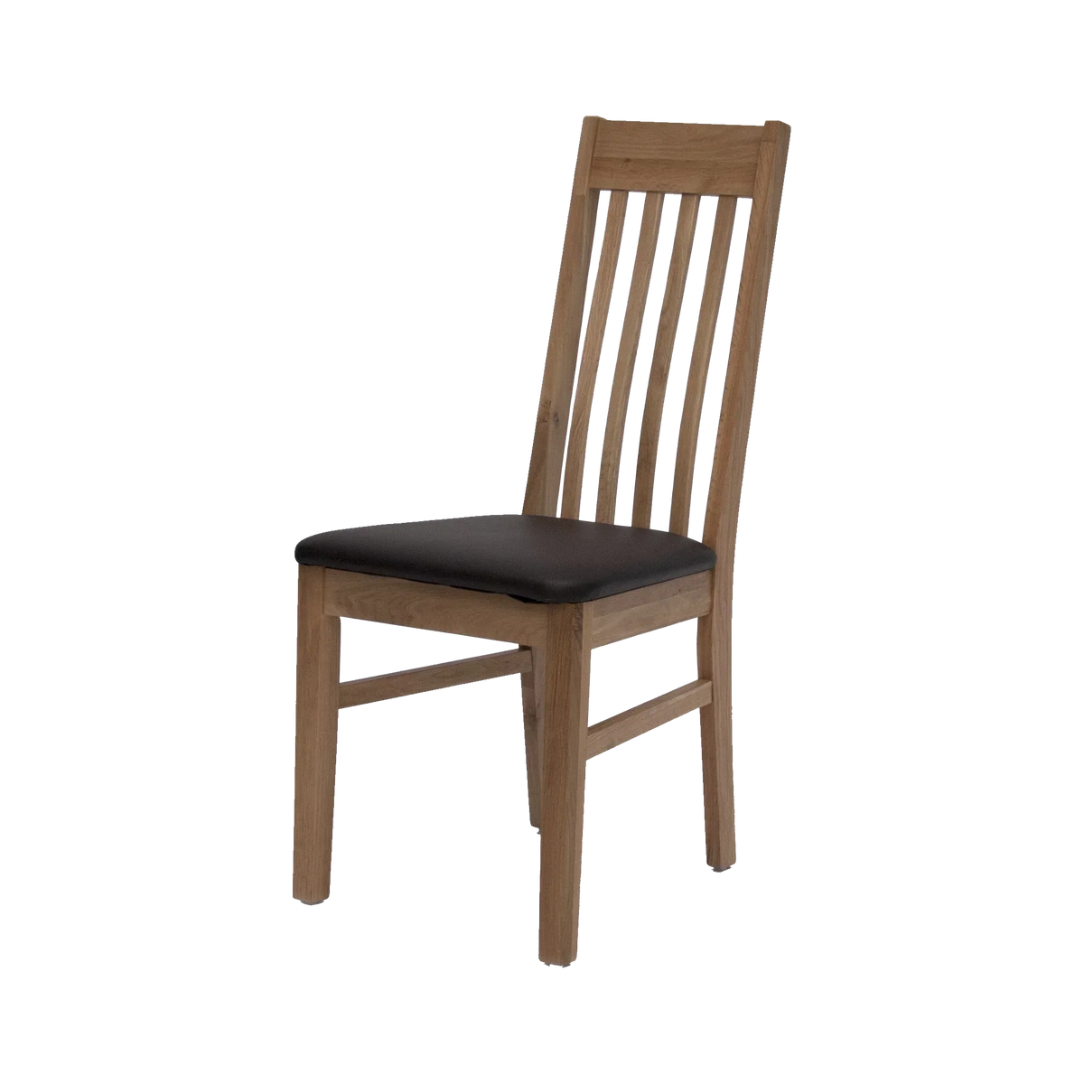 Oak dining chair with slatted back and black cushioned seat