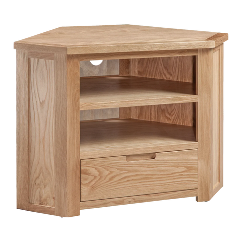 Oak corner TV unit with open shelves and single drawer, natural wood finish