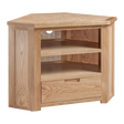 Oak corner TV unit with open shelves and single drawer, natural wood finish